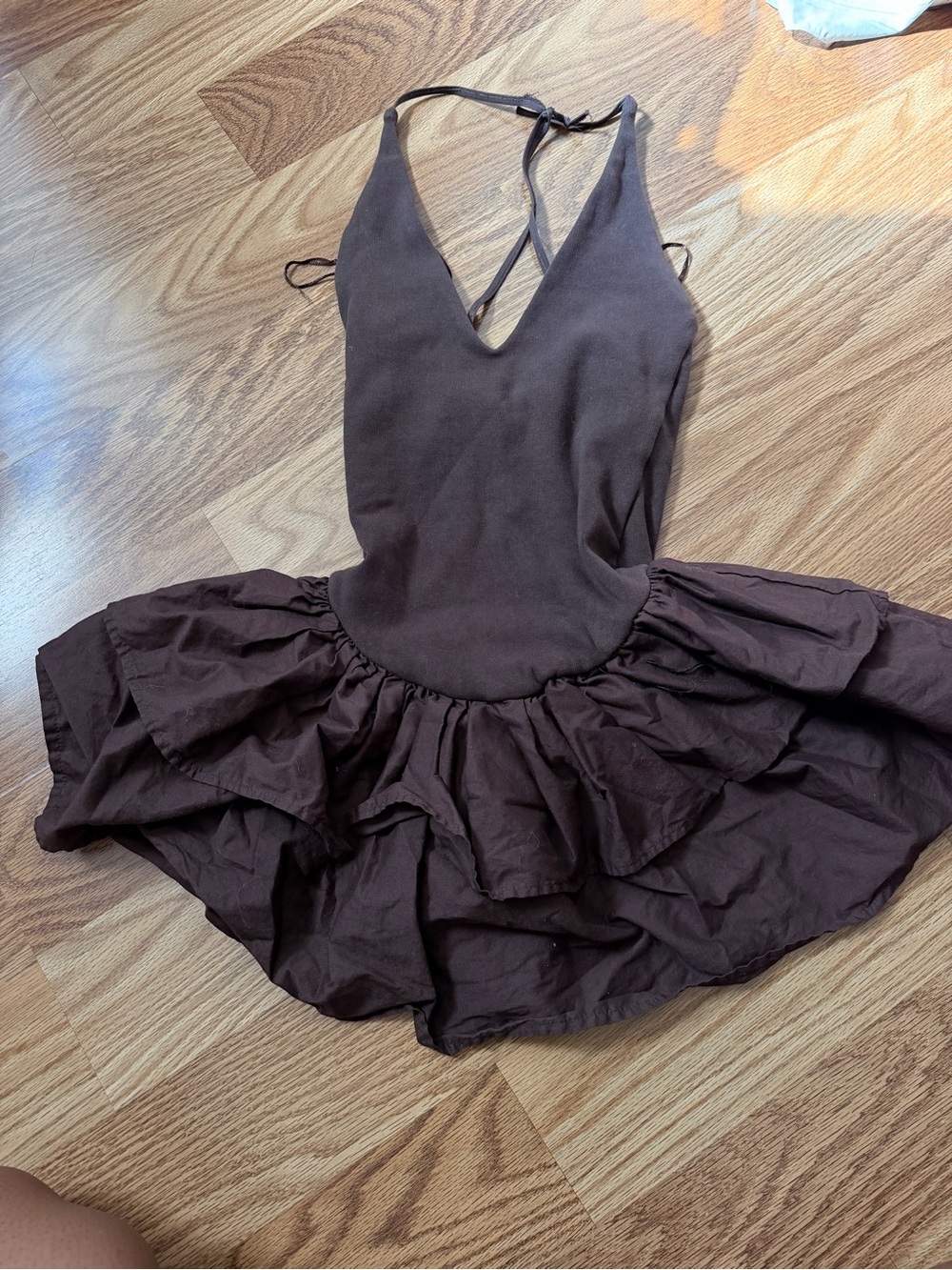 Zara Brown Ruffled Mini Dress with Deep V Neck